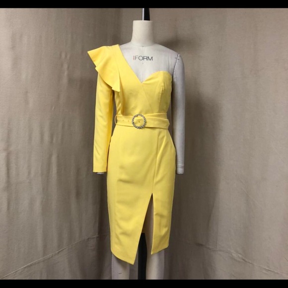 LAVISH ALICE one shoulder ruffle sleeve midi dress in pastel yellow ~ - Picture 6 of 10